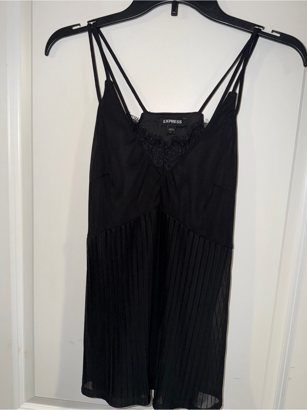 Express Black Pleated Lace-Trim Slip Dress with Double Spaghetti Straps